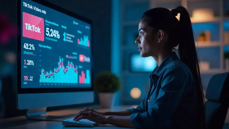 TikTok Ads Performance Dashboard showing campaign metrics, charts, and real-time analytics on a desktop screen