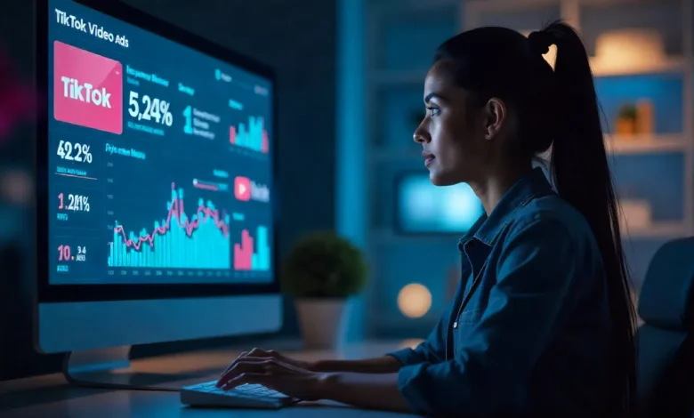 TikTok Ads Performance Dashboard showing campaign metrics, charts, and real-time analytics on a desktop screen