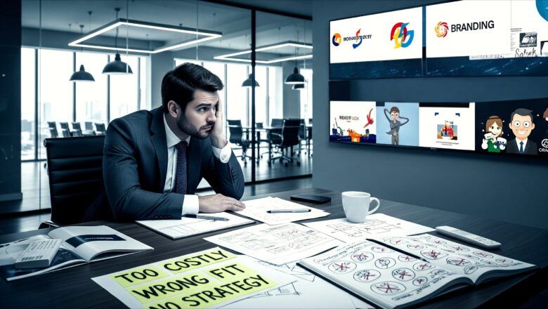 Stressed manager in a Chennai office facing branding mistakes with a cluttered screen of unfinished logos, colors, and taglines while searching for the right branding agency in Chennai