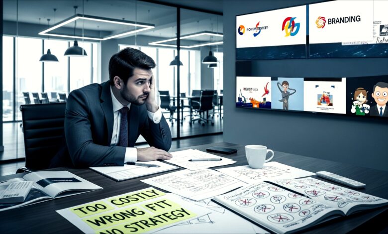 Stressed manager in a Chennai office facing branding mistakes with a cluttered screen of unfinished logos, colors, and taglines while searching for the right branding agency in Chennai
