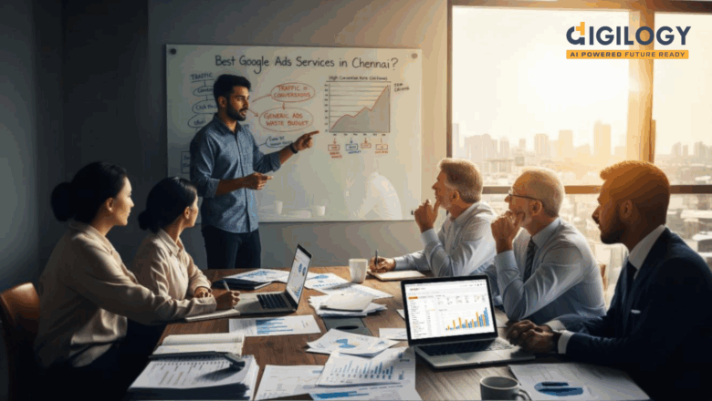 Marketing manager in a Chennai agency explaining the truth about the ‘Best Google Ads Services in Chennai’ to business owners, showing real campaign results on a screen.