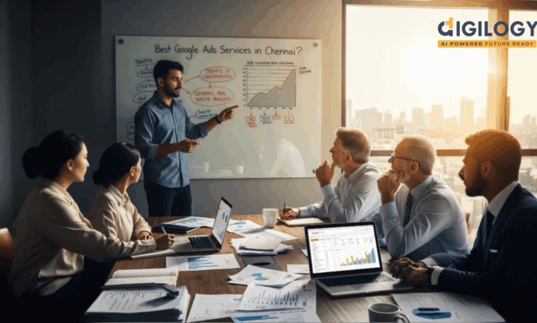 Marketing manager in a Chennai agency explaining the truth about the ‘Best Google Ads Services in Chennai’ to business owners, showing real campaign results on a screen.