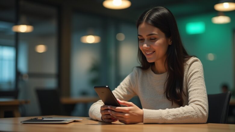 Indian professional using WhatsApp’s AI-Based Customer Engagement features on a smartphone to enhance customer interaction and support.