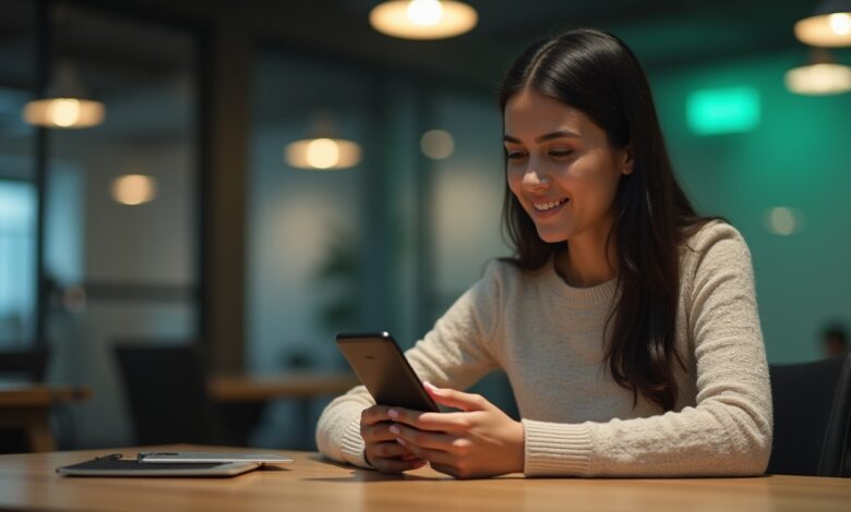 Indian professional using WhatsApp’s AI-Based Customer Engagement features on a smartphone to enhance customer interaction and support.