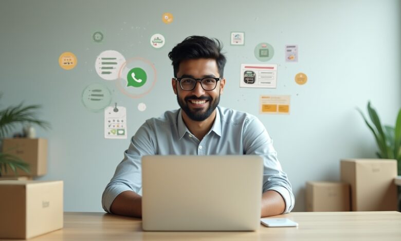 Local business owner using WhatsApp AI-based message automation to engage customers in real time via chatbot.