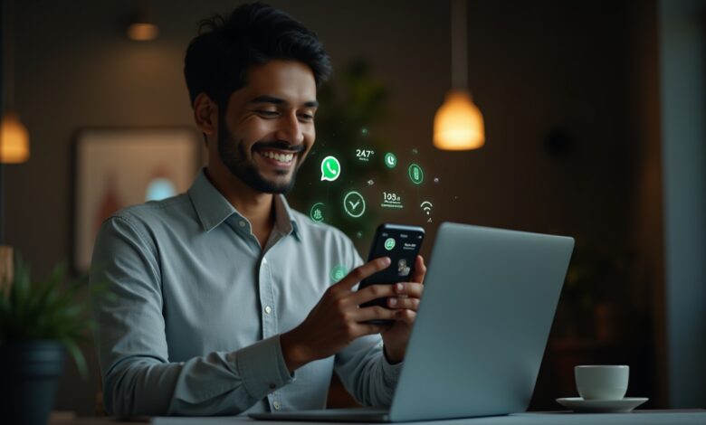 An Indian small business owner interacting with WhatsApp’s AI-powered customer support bot on a smartphone.
