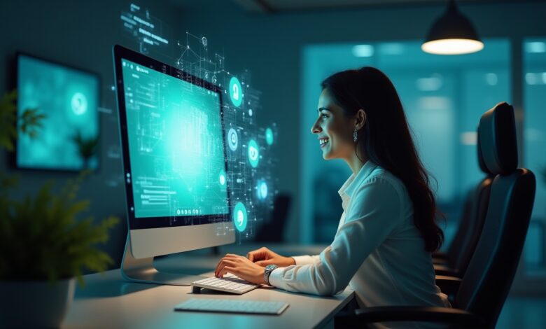 WhatsApp AI-powered automated customer support interface with chatbot icons, analytics visuals, and business communication elements.