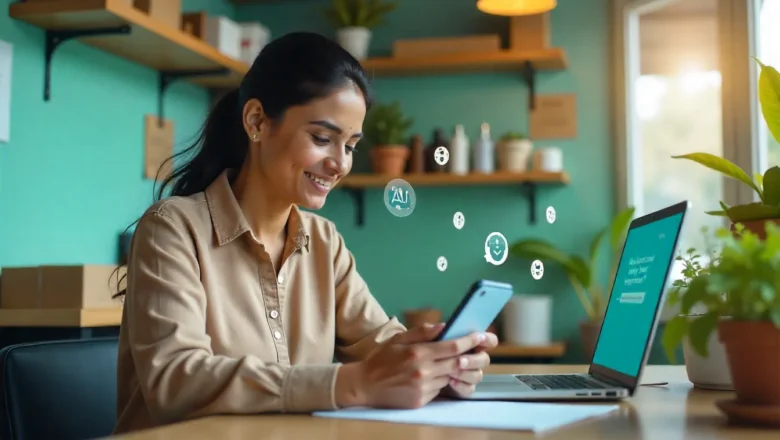 Indian business owner using WhatsApp on a smartphone to collect customer feedback through an AI chatbot interface.