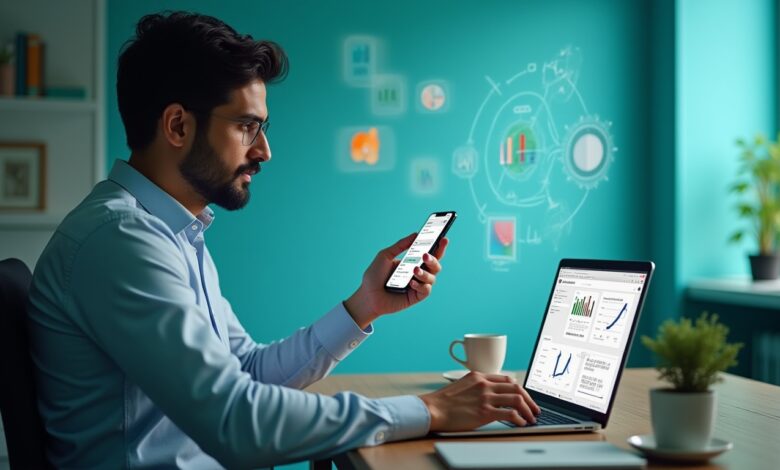 Indian business owner reviewing WhatsApp’s AI-powered marketing insights dashboard, analyzing customer data and campaign performance metrics.