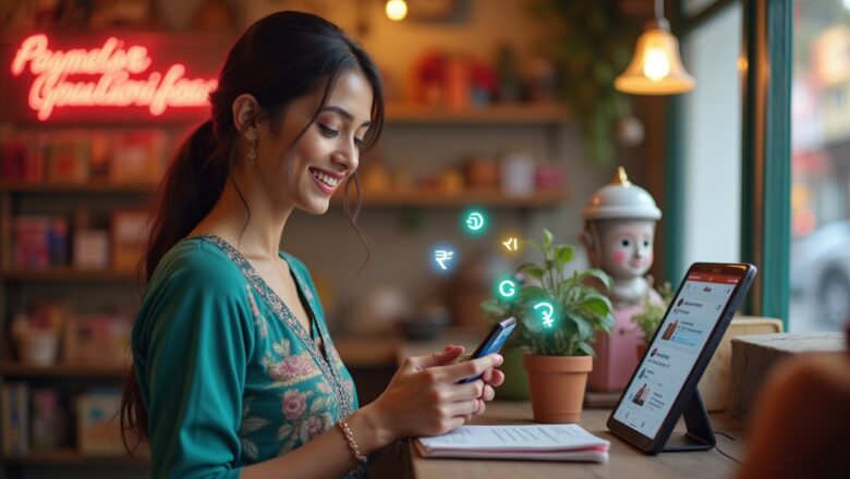 Indian small business owner using WhatsApp on a smartphone to process a secure in-chat payment through an AI-powered payment gateway.