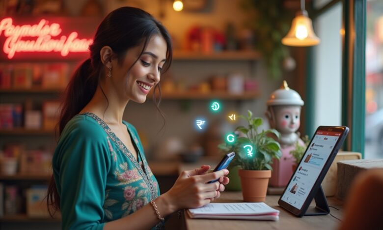 Indian small business owner using WhatsApp on a smartphone to process a secure in-chat payment through an AI-powered payment gateway.