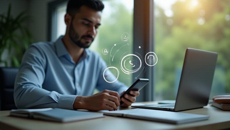 A business professional making a digital payment using WhatsApp AI-Powered Payment System on a smartphone