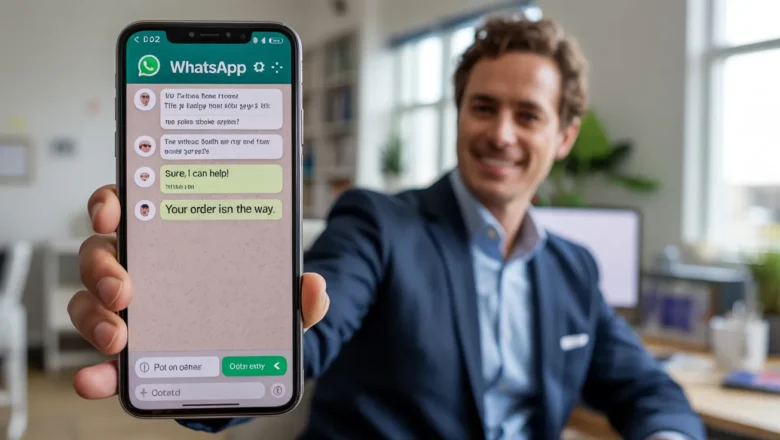 Business professional using WhatsApp with AI-powered smart replies on screen