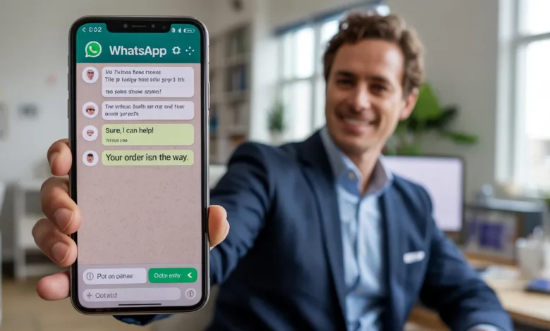Business professional using WhatsApp with AI-powered smart replies on screen