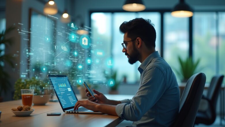 Indian retailer reviewing WhatsApp’s Automated Inventory Management dashboard on a laptop, monitoring stock levels and order fulfillment.