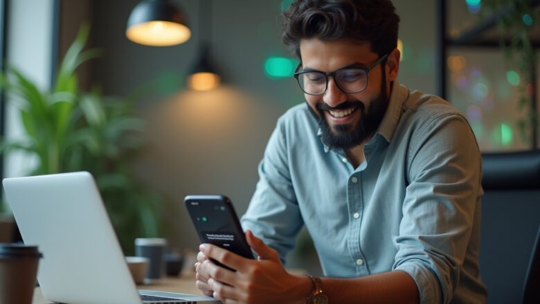 An Indian business owner using WhatsApp on a smartphone, interacting with automated message replies to streamline customer communication.