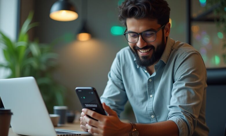 An Indian business owner using WhatsApp on a smartphone, interacting with automated message replies to streamline customer communication.