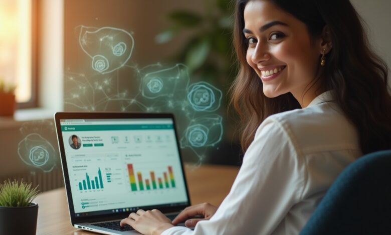 Marketer analyzing WhatsApp Business Profile Insights dashboard on laptop.