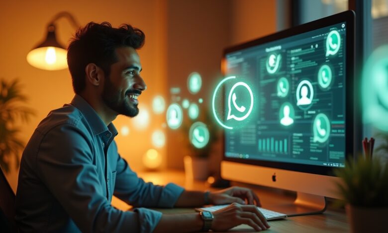 WhatsApp multi-account management interface showing multiple business profiles being managed from a single dashboard.