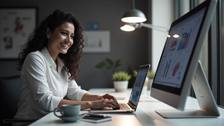 An Indian digital marketer analyzing X Brand Awareness Tools on a laptop, reviewing AI-powered content promotion metrics for a campaign.