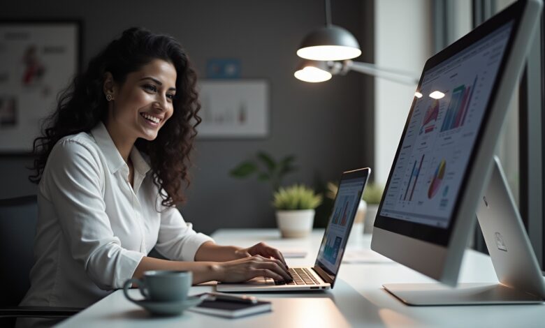 An Indian digital marketer analyzing X Brand Awareness Tools on a laptop, reviewing AI-powered content promotion metrics for a campaign.