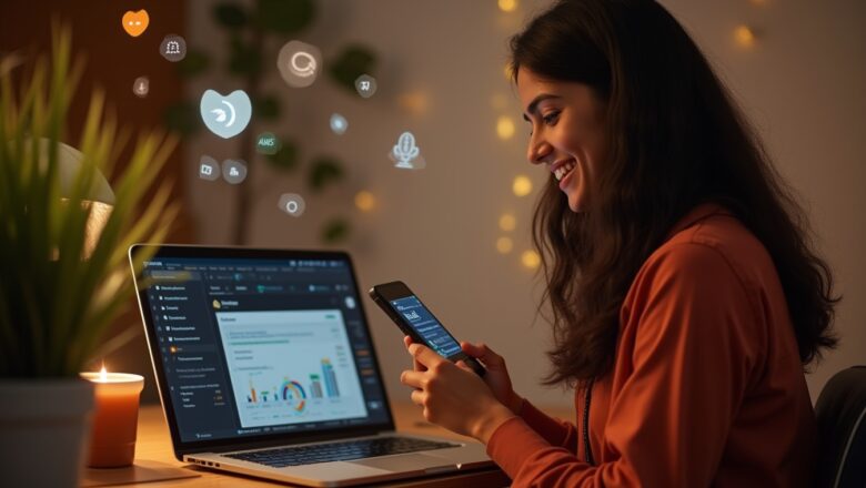 Indian marketer reviewing X’s new Brand Engagement Tools on a laptop, analyzing real-time user interactions, polls, and campaign performance.