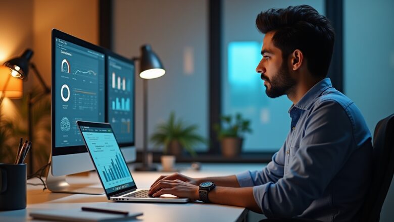 An Indian marketer analyzing X Content Performance Metrics on a laptop, reviewing campaign performance and engagement data.