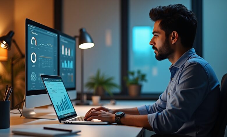 An Indian marketer analyzing X Content Performance Metrics on a laptop, reviewing campaign performance and engagement data.