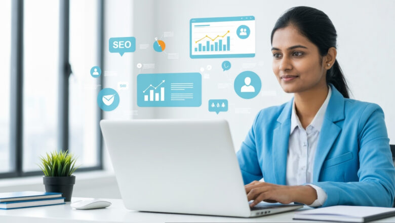 Business professional working on a laptop with digital marketing visuals, symbolizing growth strategies for local businesses.