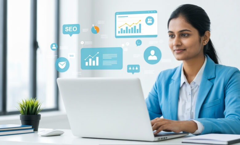 Business professional working on a laptop with digital marketing visuals, symbolizing growth strategies for local businesses.