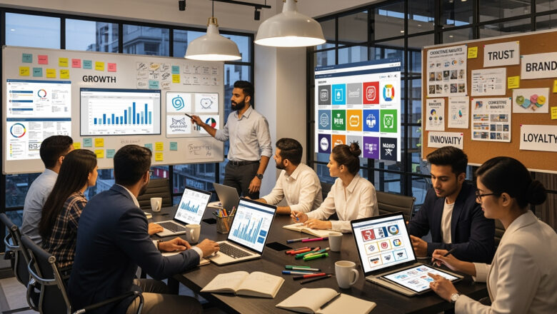 Indian professionals at a branding agency in Chennai collaborating on brand identity and marketing strategy