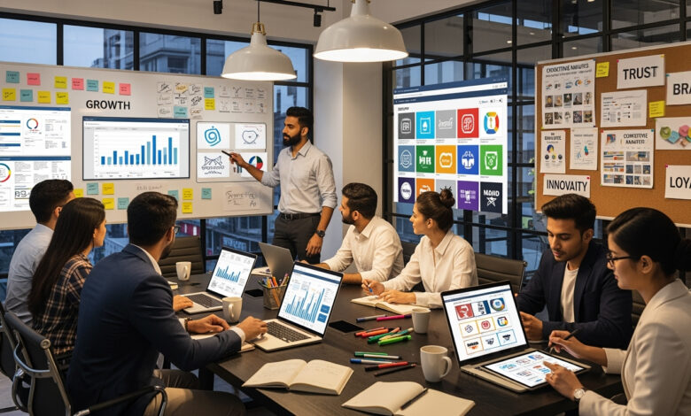 Indian professionals at a branding agency in Chennai collaborating on brand identity and marketing strategy