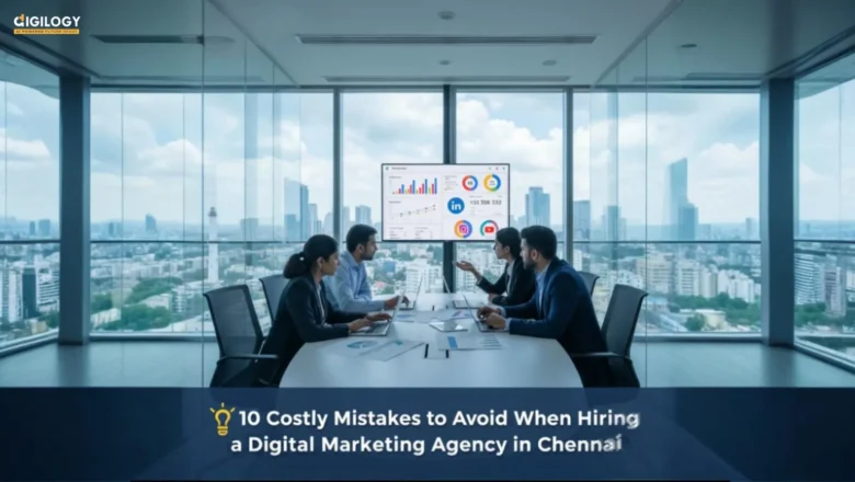 Hero image showing a Chennai digital marketing team at work, with Digilogy logo top-left and overlay text “10 Costly Mistakes to Avoid When Hiring a Digital Marketing Agency in Chennai