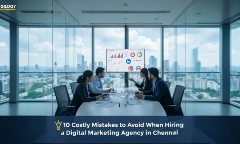 Hero image showing a Chennai digital marketing team at work, with Digilogy logo top-left and overlay text “10 Costly Mistakes to Avoid When Hiring a Digital Marketing Agency in Chennai
