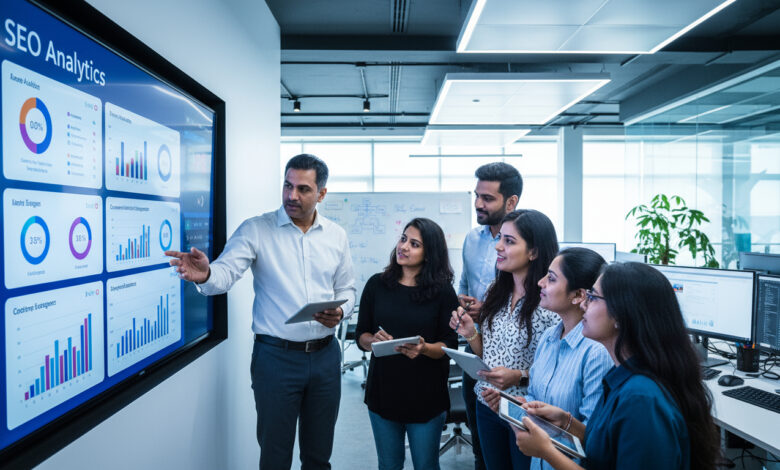 Business owner consulting with digital marketing agency team in Chennai, reviewing data-driven strategies and campaign analytics.