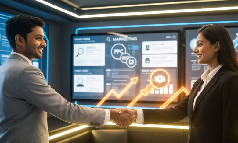 Indian business owner shaking hands with a digital marketing consultant, symbolizing partnership and growth