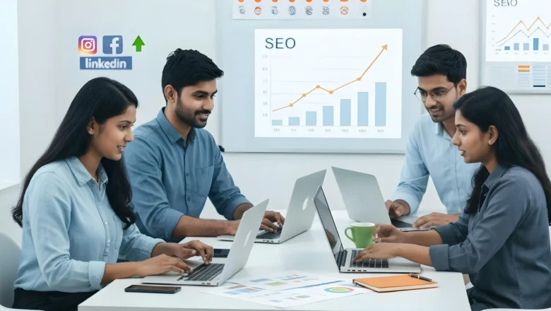 Indian digital marketing team collaborating on SEO, PPC, and branding strategies in a modern office