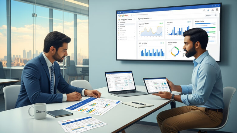 Business owner consulting with a google ads agency in Chennai reviewing campaign performance on Google Ads dashboards