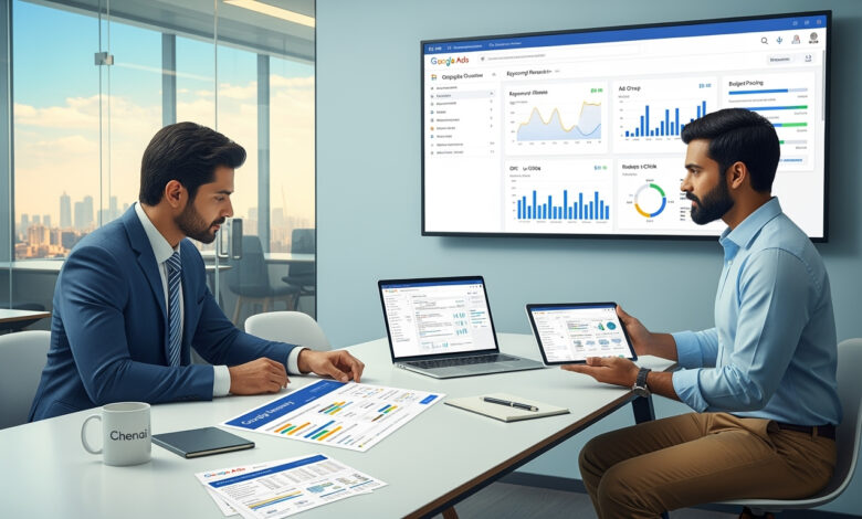 Business owner consulting with a google ads agency in Chennai reviewing campaign performance on Google Ads dashboards