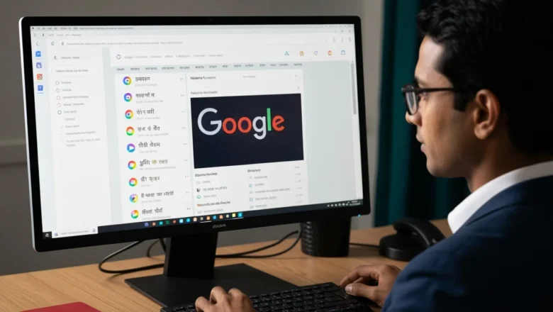 Illustration showing Google search results being translated into multiple languages through AI