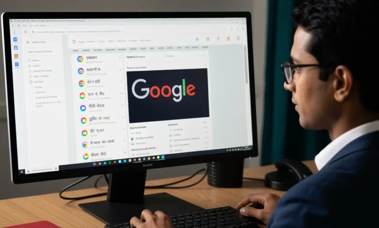 Illustration showing Google search results being translated into multiple languages through AI