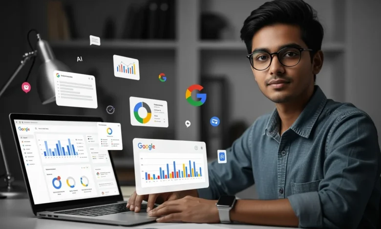 User exploring Google’s AI-Powered Search Insights on laptop with real-time data visualization.