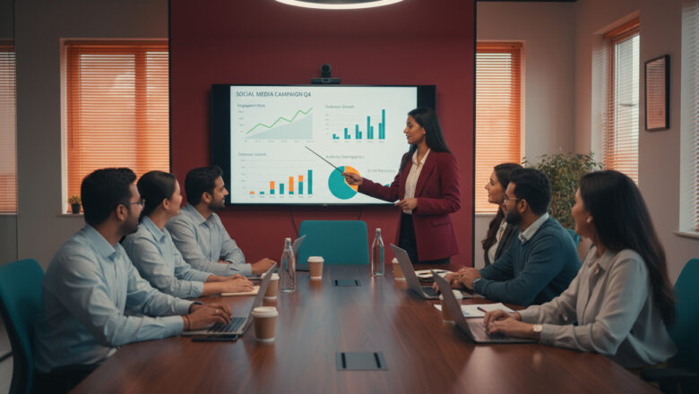 Indian team collaborating on social media marketing strategy, analyzing data and engagement metrics in a modern office