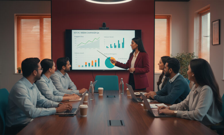 Indian team collaborating on social media marketing strategy, analyzing data and engagement metrics in a modern office