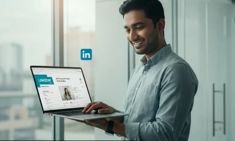 Professional using LinkedIn AI-Powered Post Drafts feature on laptop