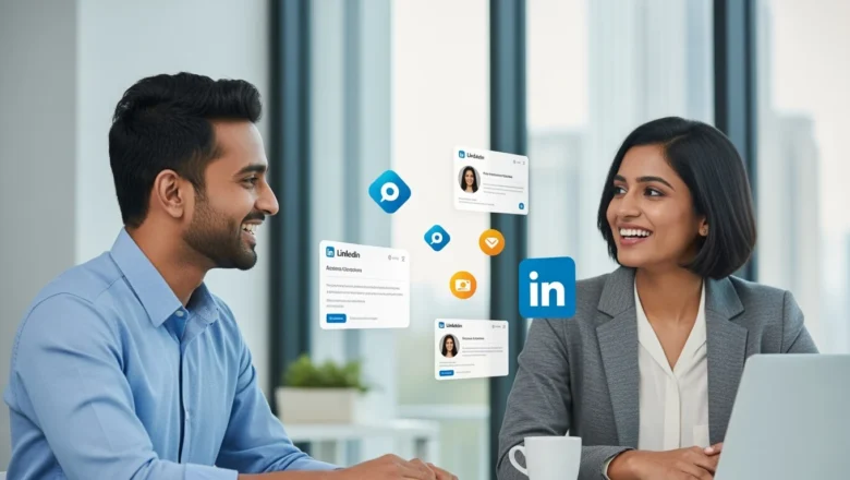 A professional networking scene with people interacting via LinkedIn’s AI-powered suggestions