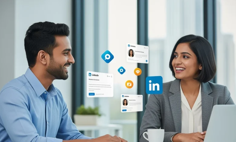 A professional networking scene with people interacting via LinkedIn’s AI-powered suggestions