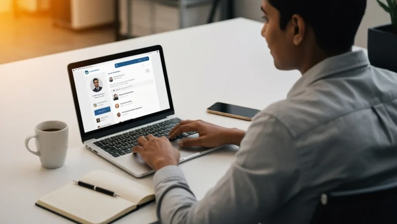 Professional using LinkedIn Career Insights with AI-powered job recommendations on a laptop