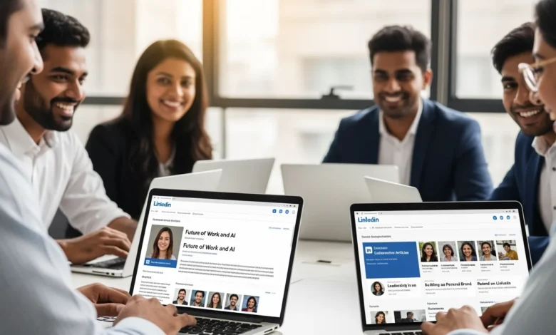 Professionals collaborating on LinkedIn articles using AI-assisted content.