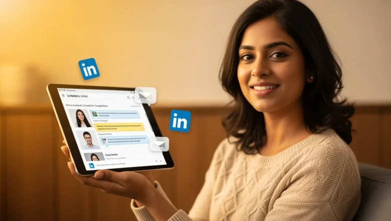 Professional Indian working on LinkedIn InMail with AI suggestions
